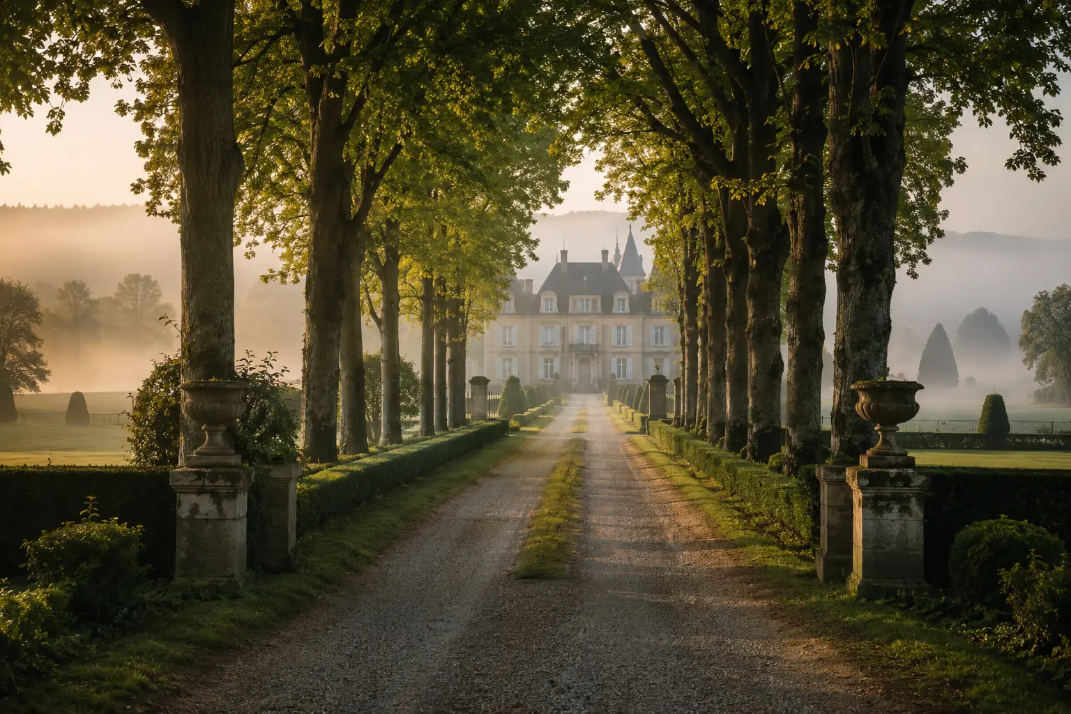 A tree-lined driveway leading to a private estate