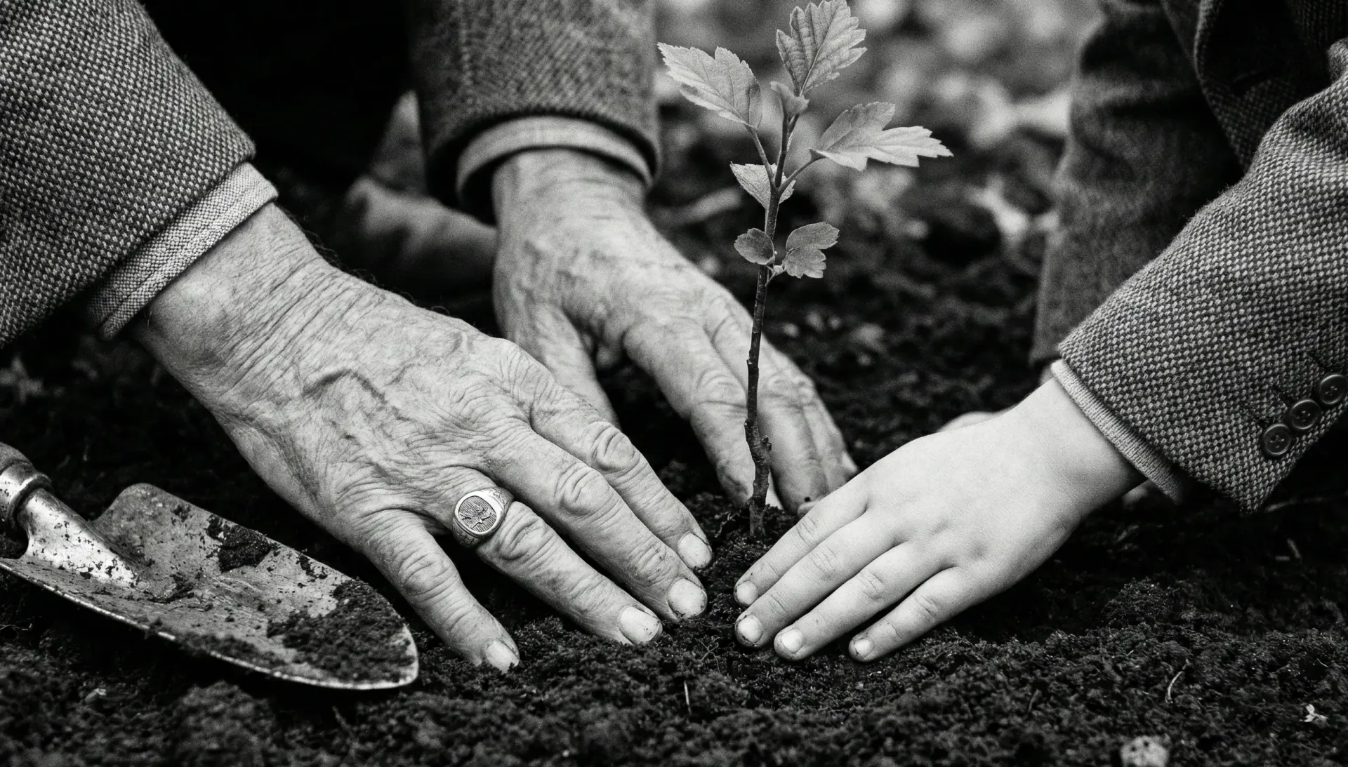 Hands planting a young sapling in the soil